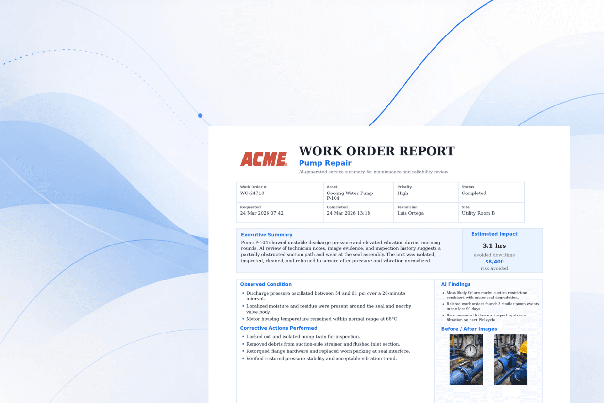 AI Reports auto-generated work order summary with executive summary, findings, and estimated impact