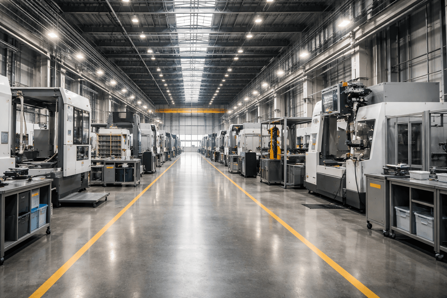 Modern manufacturing facility with rows of industrial equipment